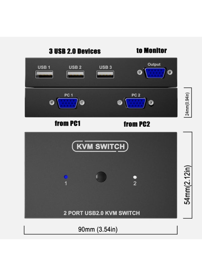KVM Switch VGA 2 Port, DiamondTiger VGA KVM Switch for 2 Computers Share 1 Monitor & 3 USB 2.0 Keyboard Mouse Scanner Printer,U Disk, Driver-Free for All OS,2 KVM Cables 1 Desktop Controller Included - Image 3